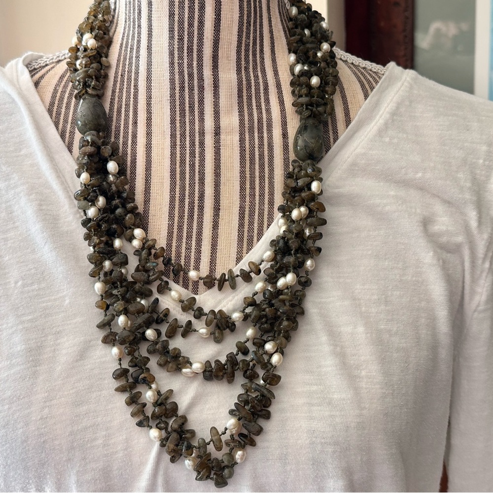 Jaden Labradorite Green Moss & Real Pearl Huge Multi-strand Necklace Heavy Duty